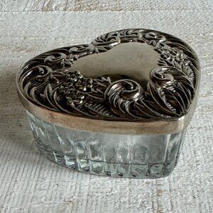 Vintage Clear Glass Heart Shaped Trinket Dish with Silver Plated Lid